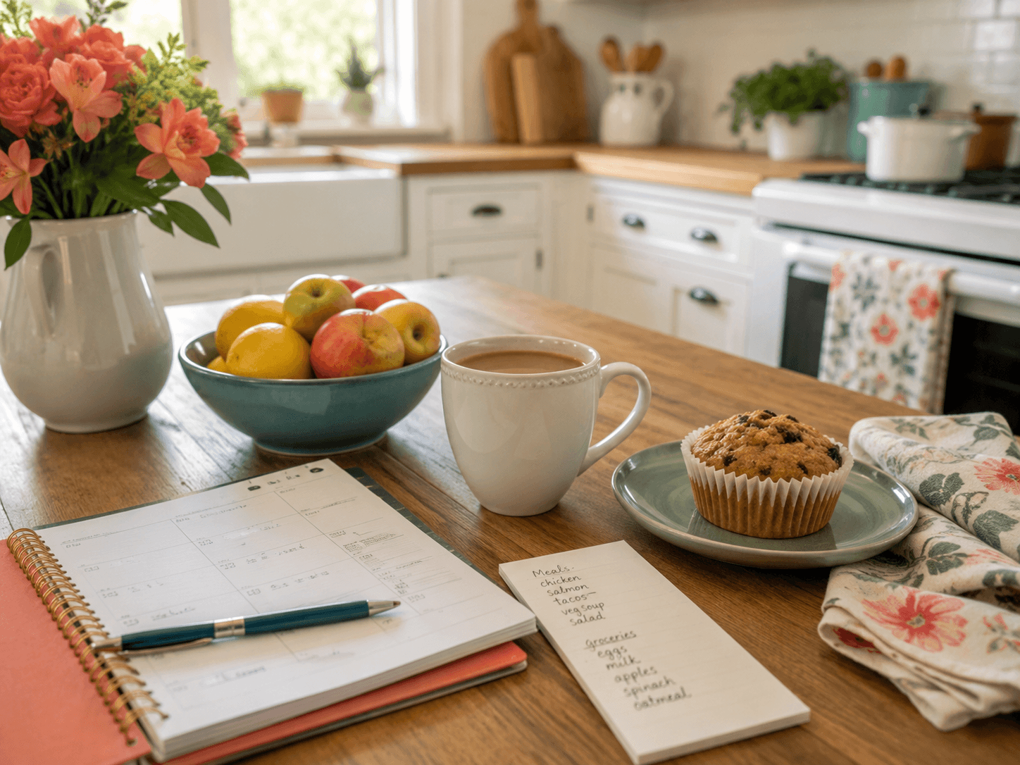 A kitchen table with a planner, pen, cup of coffee, chocolate chip muffin on a plate, handwritten grocery list, bowl of apples, floral napkin, and vase of flowers.