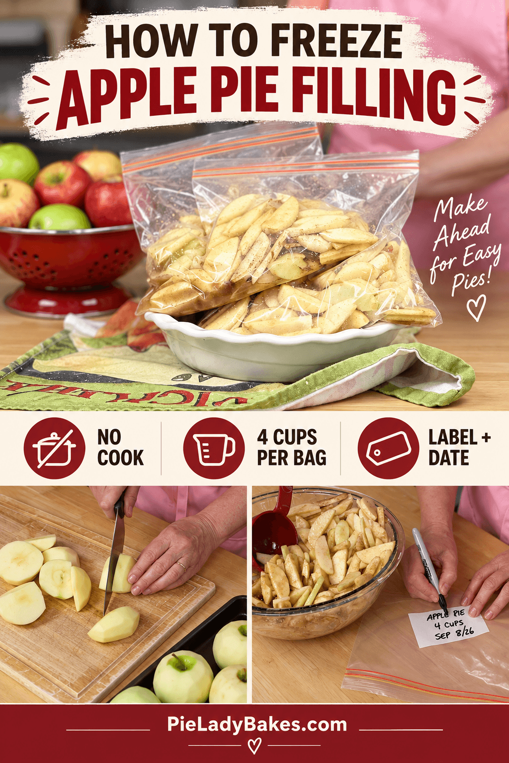 Sliced apples are placed in labeled freezer bags for pie filling, with step-by-step images showing peeling, slicing, and packing apples on a kitchen counter.
