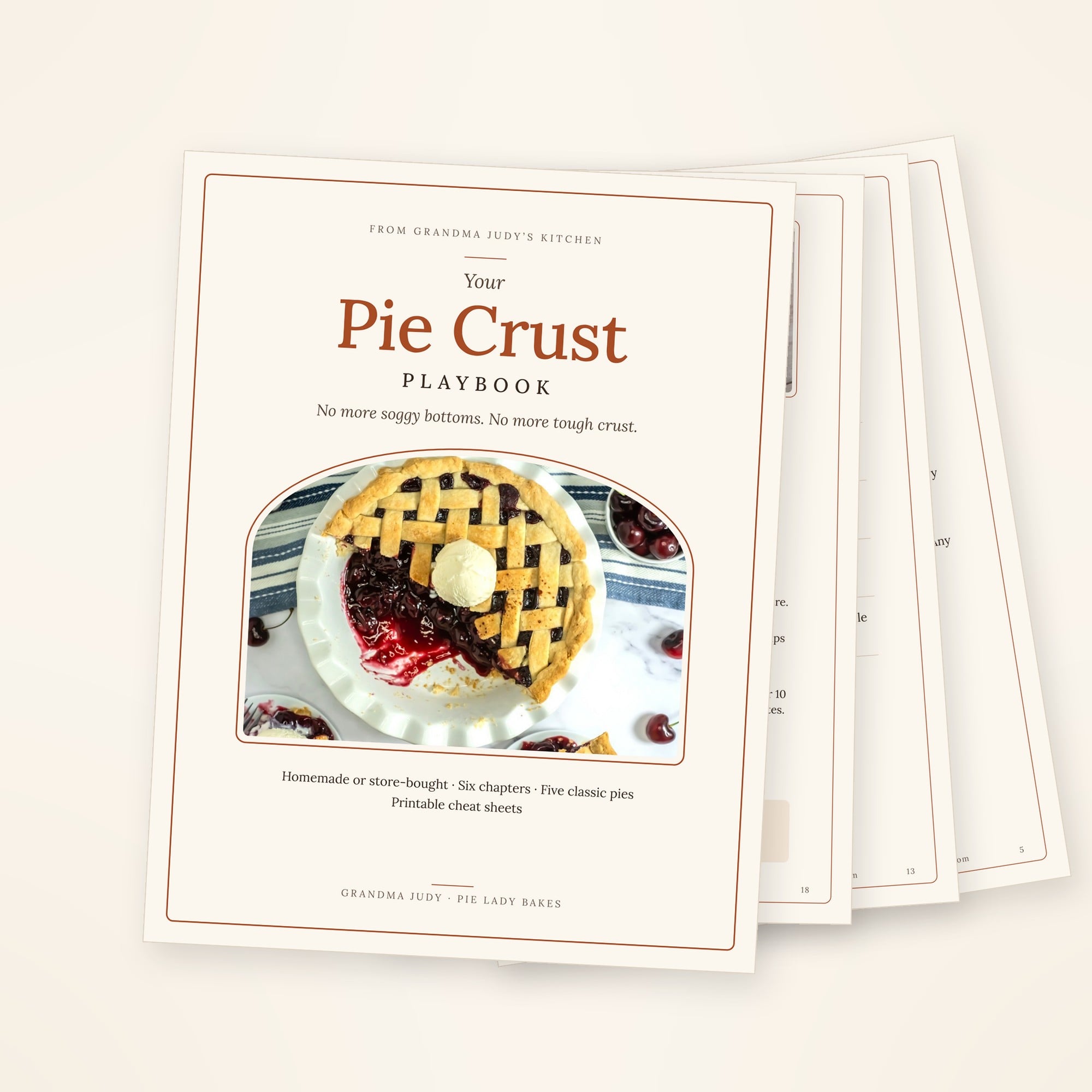 Cover of a digital guide titled โYour Pie Crust Playbookโ by Grandma Judy, featuring an image of a lattice-top cherry pie with a scoop of ice cream.